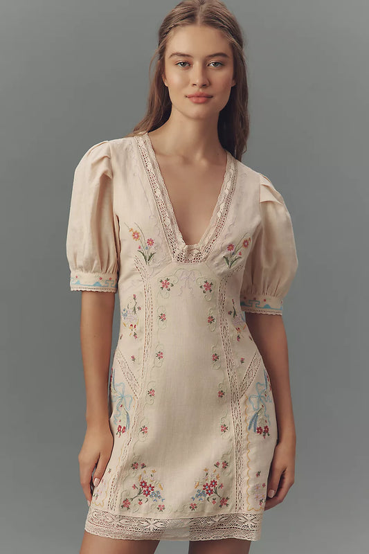 Linen Blend Puff-Sleeve V-Neck Mini Dress